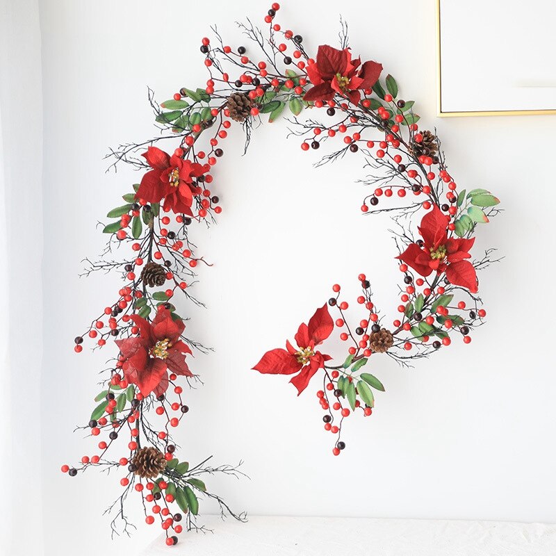 Artificial Garland with Red Berries and Holly Leaves, Pine Cone Garland for Fireplace Stairs Table Decorations