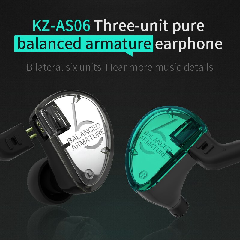 KZ AS06 Oortelefoon 3BA Balanced Armature Driver HIFI Bass Hoofdtelefoon In Ear Monitor Sport Headset Noise Cancelling Oordopjes Groen