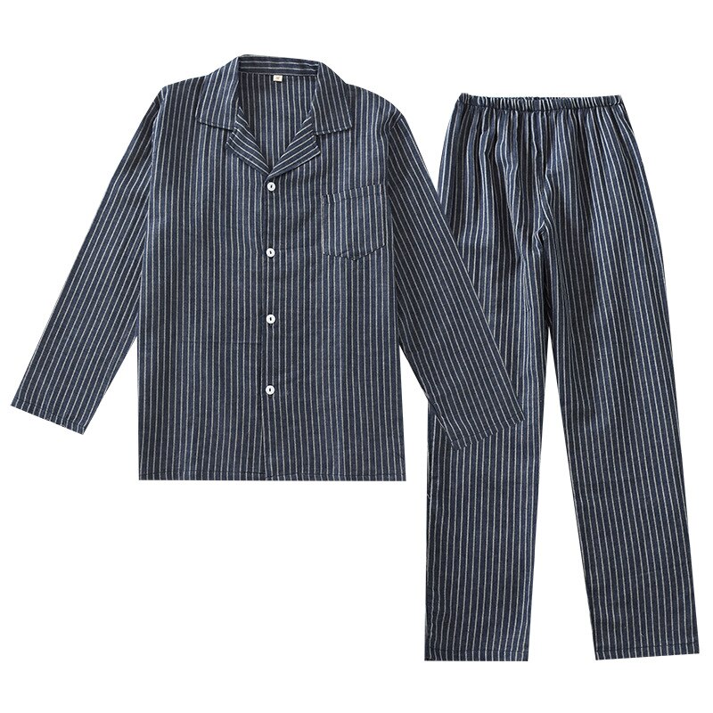 Men Vertical Striped Sleepwear Long Sleeve Gauze Mens Pajamas Plus Size Simple Cotton Nightwear 2 Piece Lounge Set Home Clothes