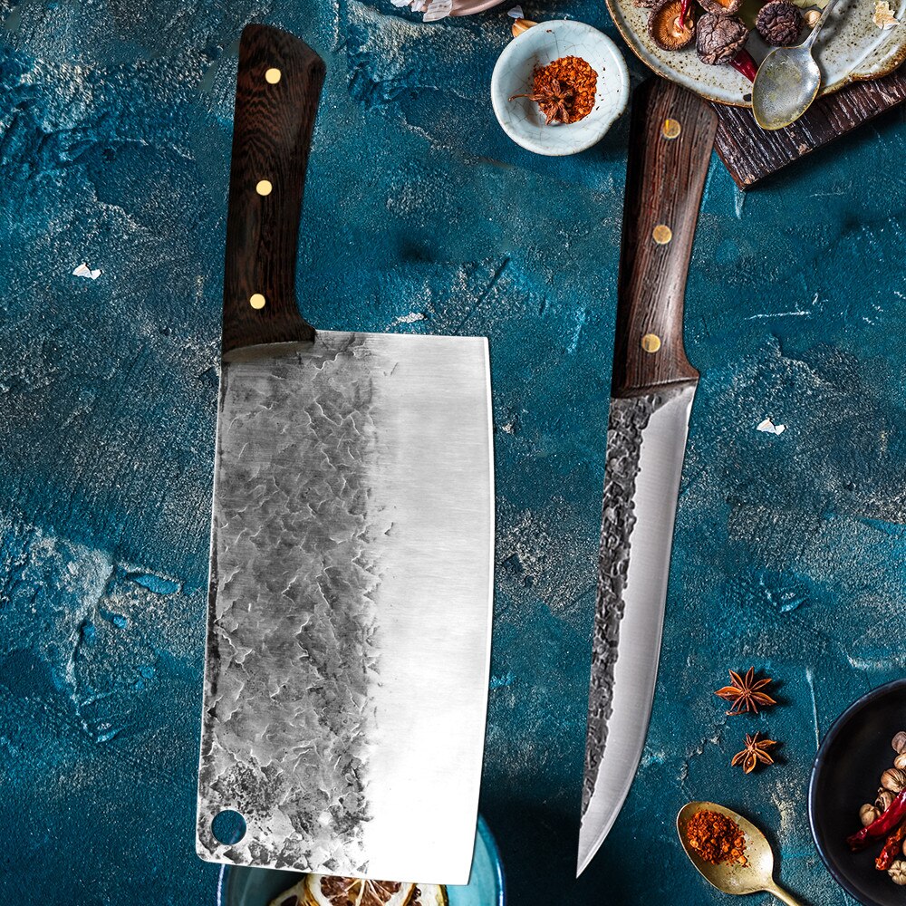 Traditional Forged Kitchen Knife Set Handmade Hammer Stainless Steel Chef's Chopper Cooking Knives Meat Slicer Butcher Knife: 2 Pcs Set 4