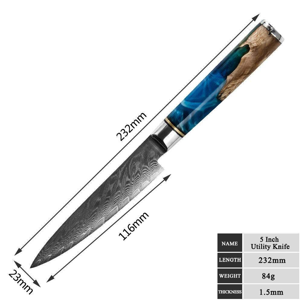 Damascus Steel Butcher Kitchen Chef Knives Set Chopper Meat Chopping Knife Resin Color Wood Handle Cutter Chopper Slicing Tools: 5 inch utility