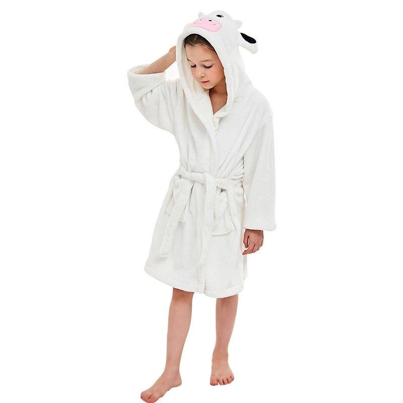 Barn mjuk badrock flanell huvtröja sovkläder tiger rådjur ko räv kanin elefant djur tecknad morgonrock pyjamas för pojkar flickor: Ko / 6