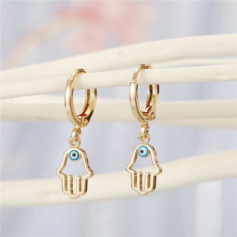 1 paar Vintage Nette Fatima Hand Kleine Hoop Ohrringe Für Frauen Chic Trendy Hohl Auge Palm Anhänger Mini Stud Ohrringe schmuck: Gold color