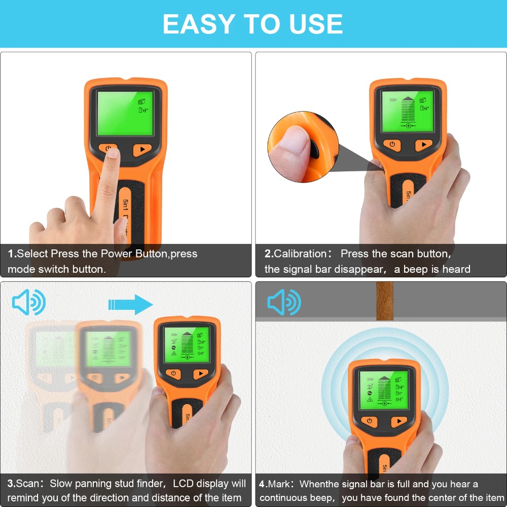 5-in-1 digitale wanddetector, handheld wandscanner voor metaal, hout, stroomdraden, kabels, PVC en waterleidingen.