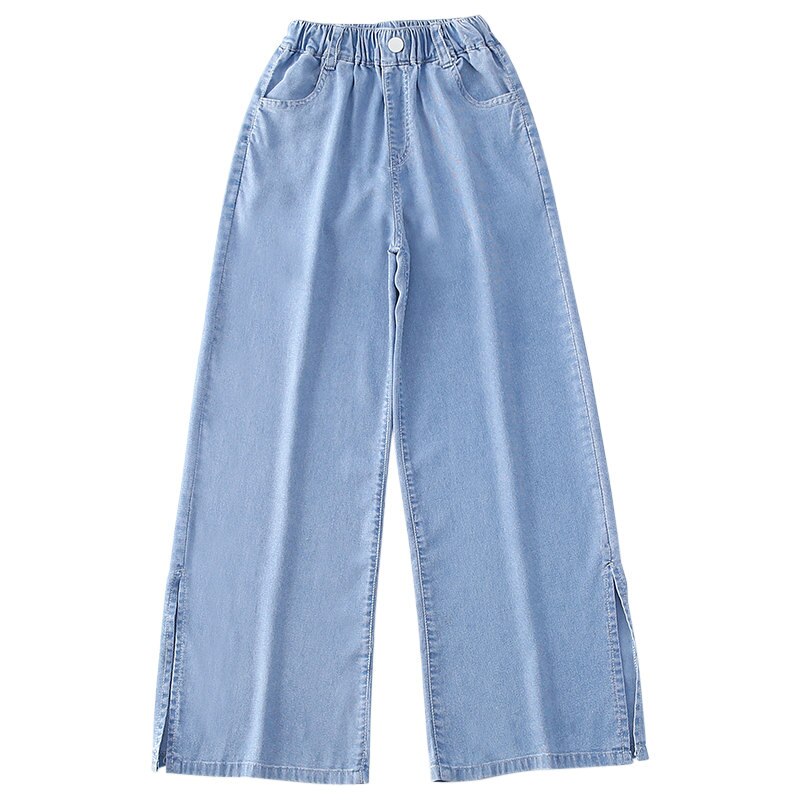Teen Girls Summer Elastic Waist Wide-Leg Pants Loose Soft Split Denim Trousers Students Jeans 6 8 10 12 13 14 Years Old