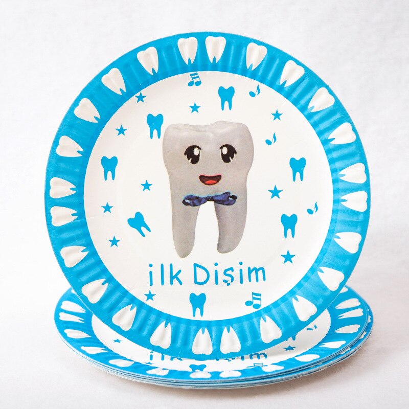 Blå min första tand tema fest dekoration porslin papper kopp tallrik servetter baby shower ballonger pojke födelsedagsfest tillbehör: Papperstallrik 10 st