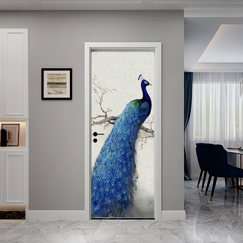 Blue Peacock Dream 3D Door Sticker Peacock Sticker Bedroom Study Bathroom Door Concealer Decoration Wall Sticker
