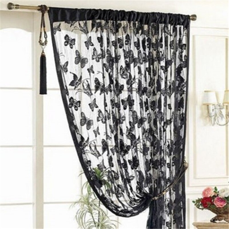 window curtain set living room Window Butterfly Pattern Tassel String Room Chiffon Curtain Divider curtains for living room: Black