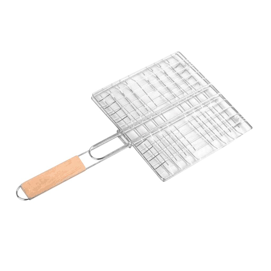 Non-stick Triple Fish Grilling Basket w/ Wood Handle Barbecue Tool Fish Grill Net Outdoor BBQ Grilling Fish BBQ Accessories: Default Title