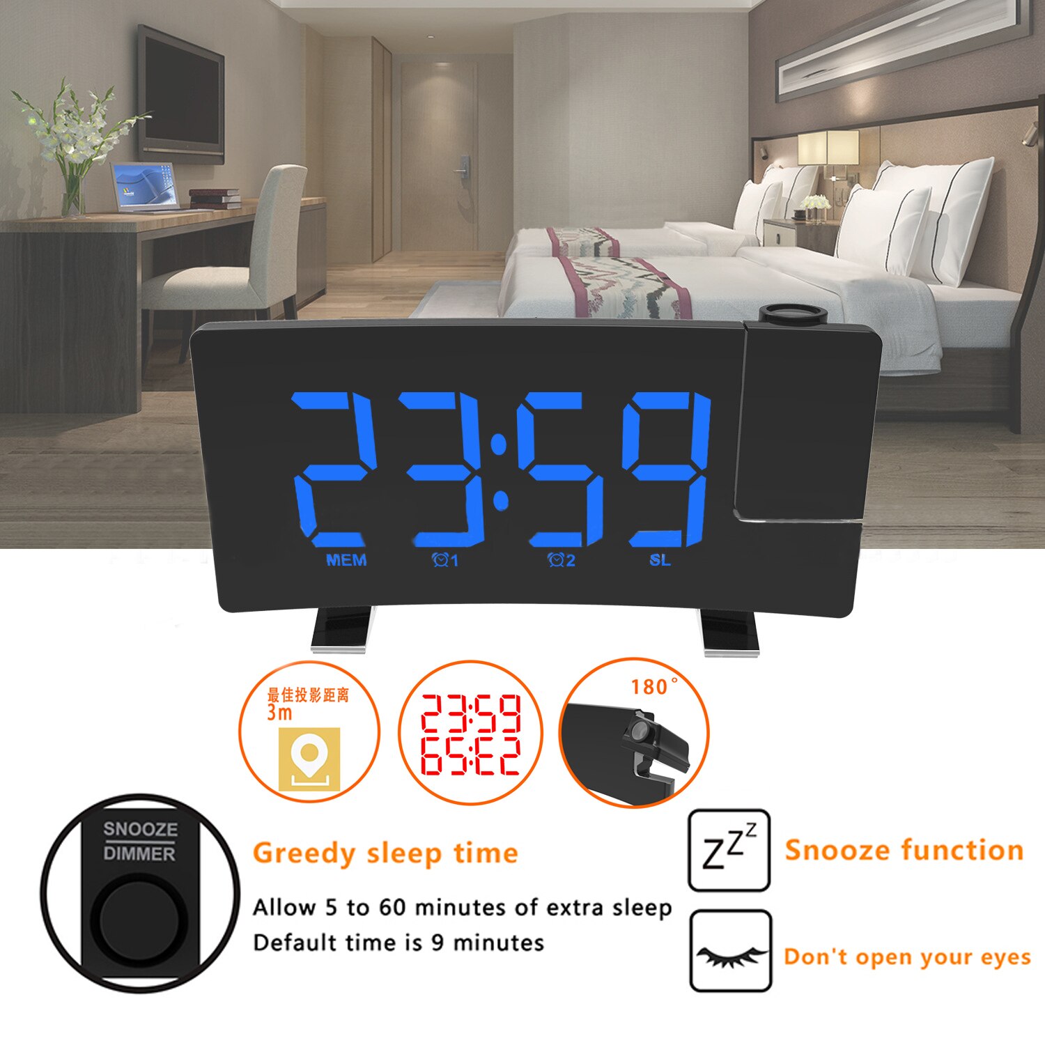 Projection Alarm Clock Digital Ceiling Display 180 Degree Projector Dimmer Radio Battery Backup Wall Time Projection