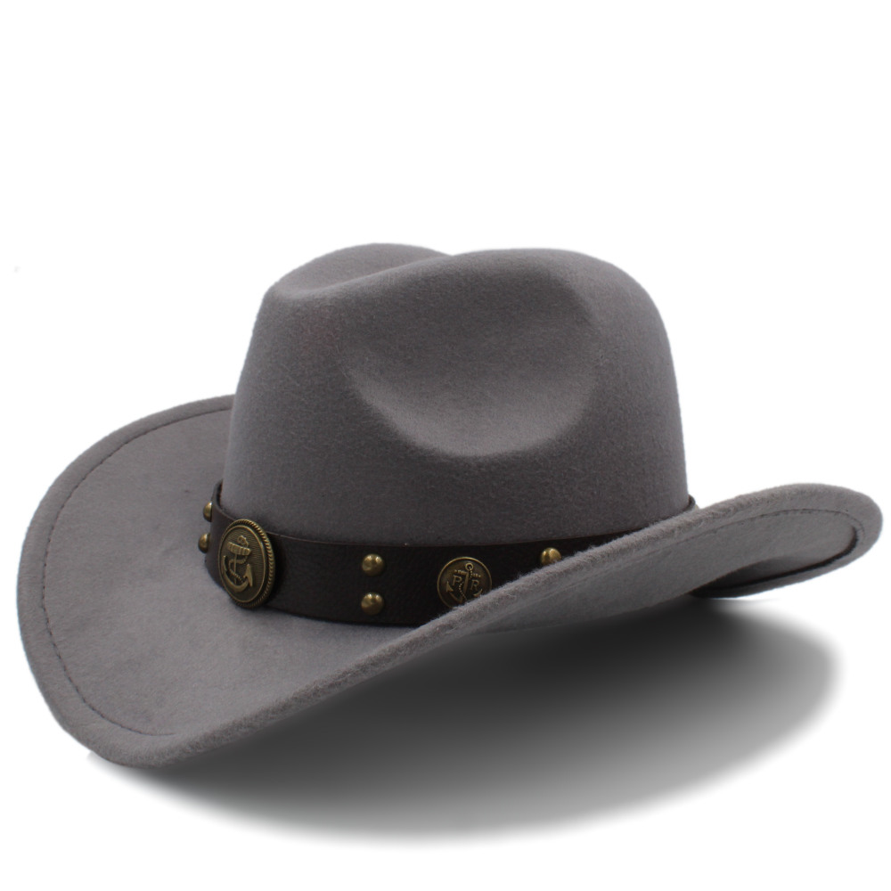 Sombrero de lana para Hombre, Sombrero de Cowboy del Oeste, ala enrollada, caballero, papá, Jazz, ecuestre, Sombrero, Fedora, talla 56-58CM: Gray