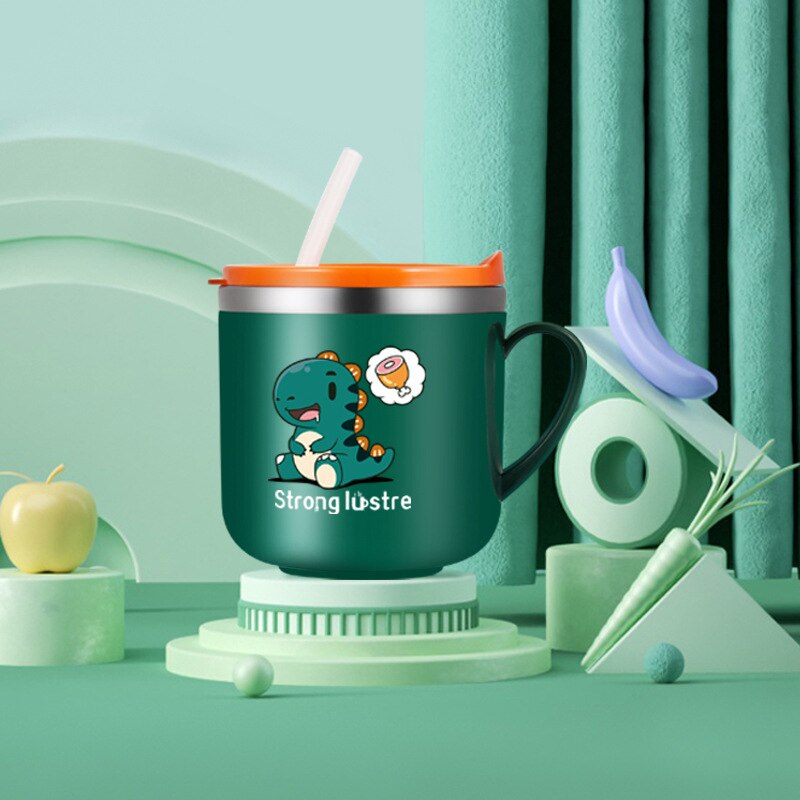 Tasse à lait avec paille pour enfants, en acier inoxydable, avec couvercle, pailles en Silicone réutilisables: dinosaur green