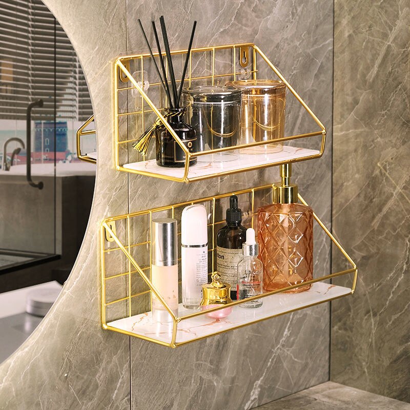 Gold Iron&amp;glass Wall Shelf Organizer Holder Kitchen Supplies Shef Storage Rack Hanging Storage Cabinet Organizer Bathroom Tools