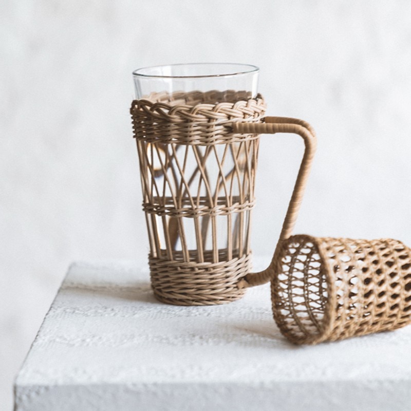 Tejido de mimbre cobertor de soporte para vaso de agua de vidrio Anti-escaldadura cubierta del sostenedor de la taza con protección para manija cubierta
