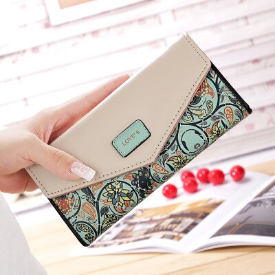 Envelope Women Wallet Hit Color 3Fold Flowers Printing PU Leather Wallet Long Ladies Clutch Coin Phone Purse: Green