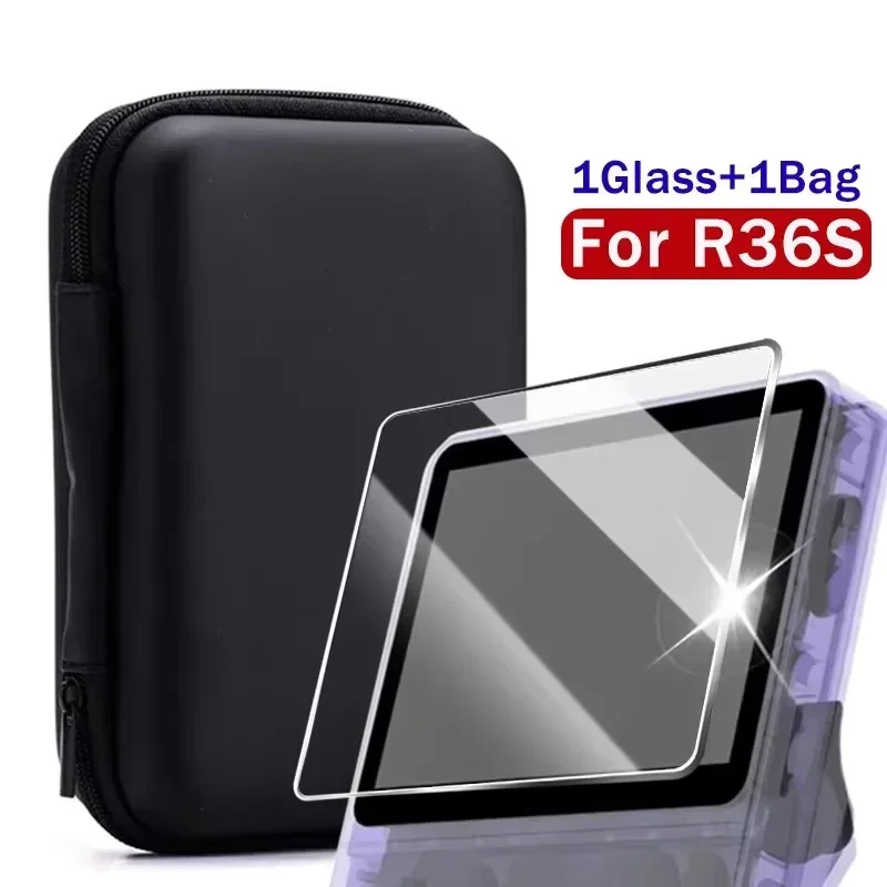 Bolsa com tela para console de jogos r36s, kit de acessórios protetores de tela, filme de vidro temperado e bolsa de armazenamento portátil eva: Verde