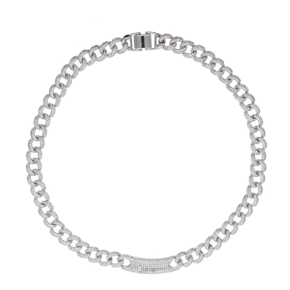 Charm miami wide heavy Cuban link chain micro pave cz curve bar pendant necklaces Gold Silver color women Hip hop Rock Jewelry: Platinum Plated / 38 cm