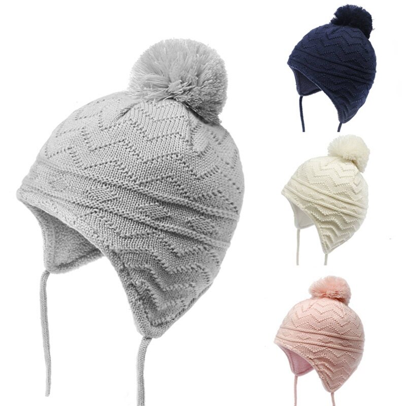 Winter Warm Kids Wol Hoed Gehoorbescherming Gebreide Muts Zachte Wollen Cap Effen Kleur Mode Baby Pompom Beanie Hoed Voor 0-5 Jaar