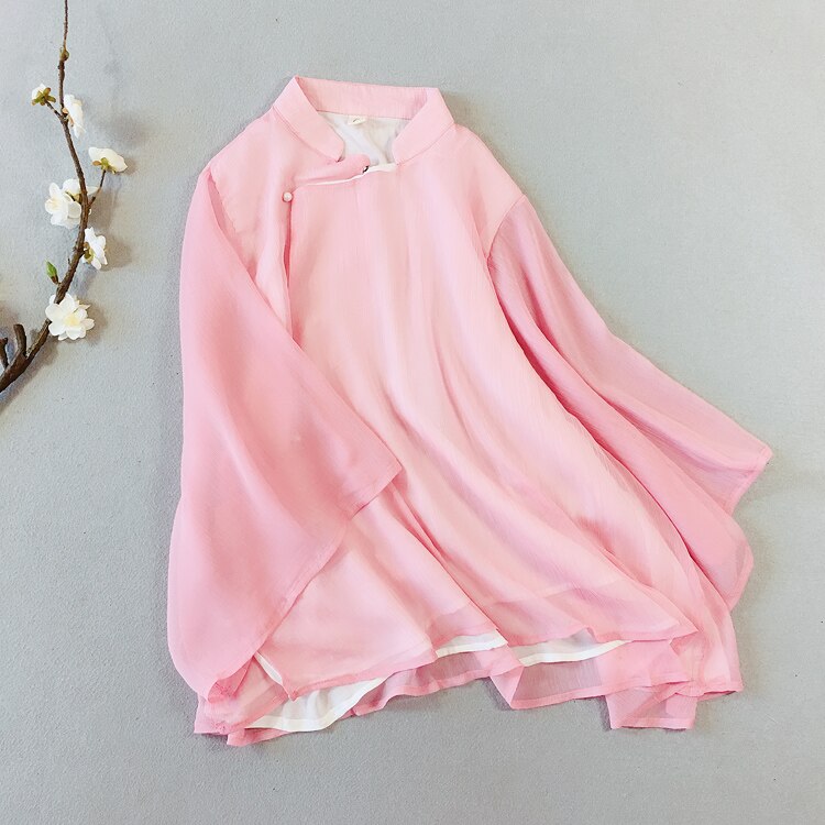 ¡Novedad de primavera-verano ! Blusa china de Nagodo, camisa de té Zen de doble capa de hilo, Top de gasa estilo chino clásico Hanfu para mujer: pink