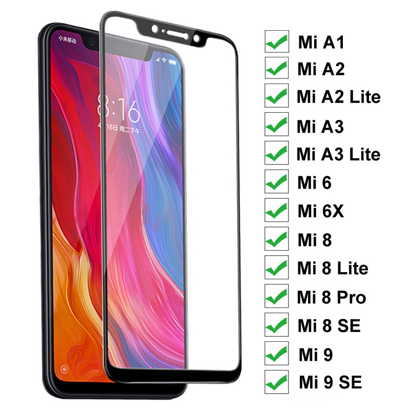 9H Protective Glass On The For Xiaomi Mi A1 A2 A3 Lite 5X 6X Tempered Glass For Mi 6 8 9 SE Pro Full Cover Screen Protector Film