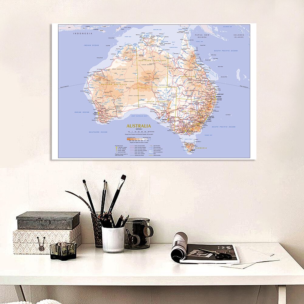 5*3feet Terrain and Traffic Route Map of The Australia Wall Poster Non-woven Canvas Painting Home Decoration School Supplies