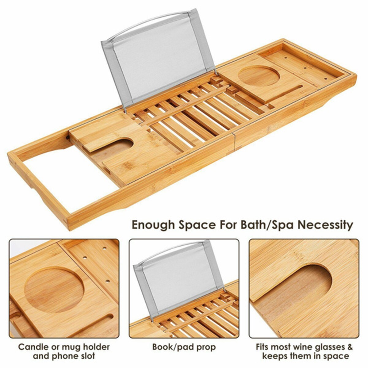 Bathroom Accessories Storage Shelf Rack Extendable Bamboo Bath Caddy Adjustable Home Spa Wooden Bath Tray