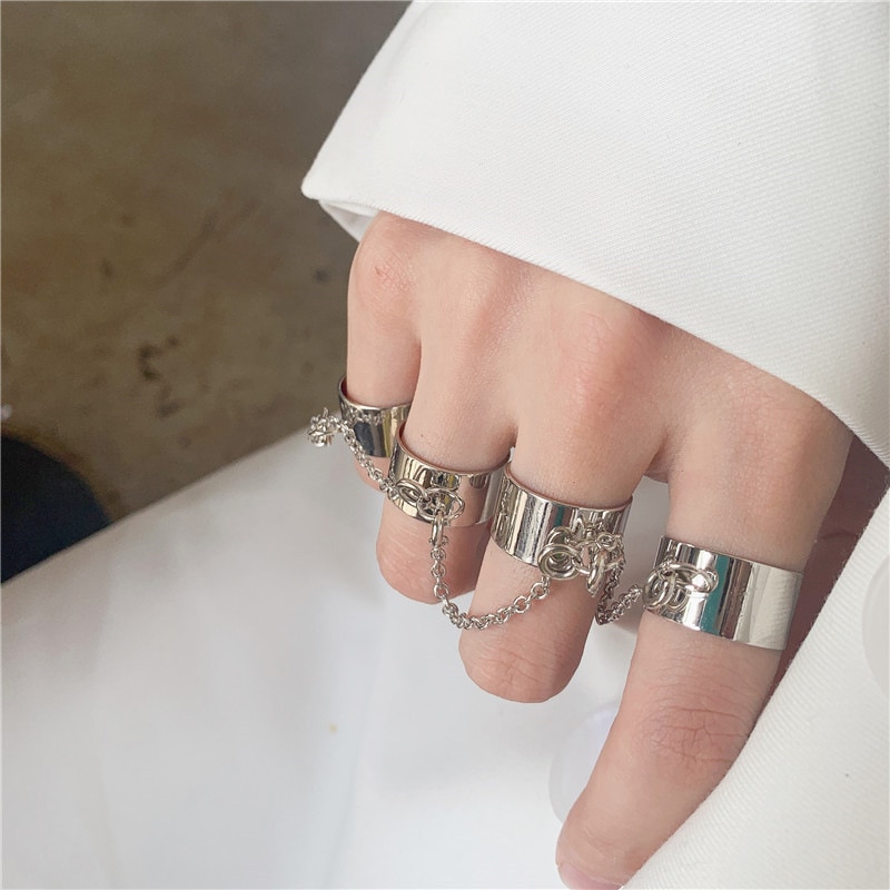 Persoonlijkheid Punk Cool Link Chain Verstelbare Vier Opening Ringen Voor Vrouwen Mannen Cross Hanger Draaien Vinger Ring Hip Hop Sieraden