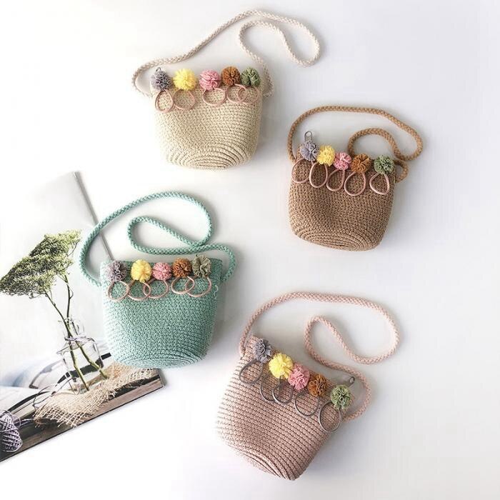 Piger skuldertaske strå rattan vævet crossbody taske til baby piger bedste (pink)