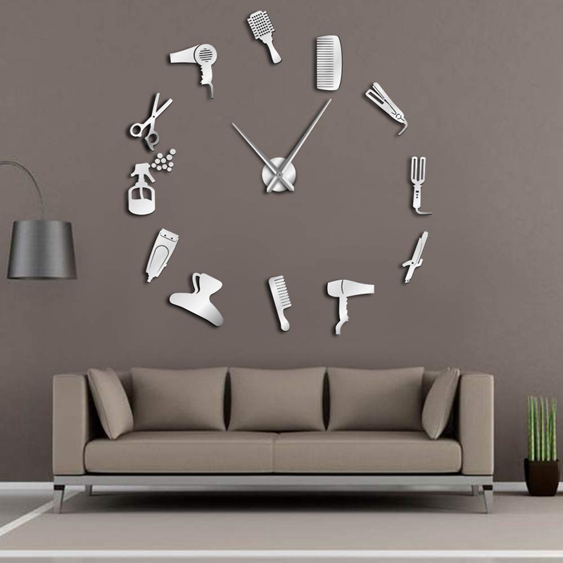 Reloj de pared gigante para barbería, con efecto espejo, kits de herramientas decorativas sin marco, reloj de pared para peluquero, novedad