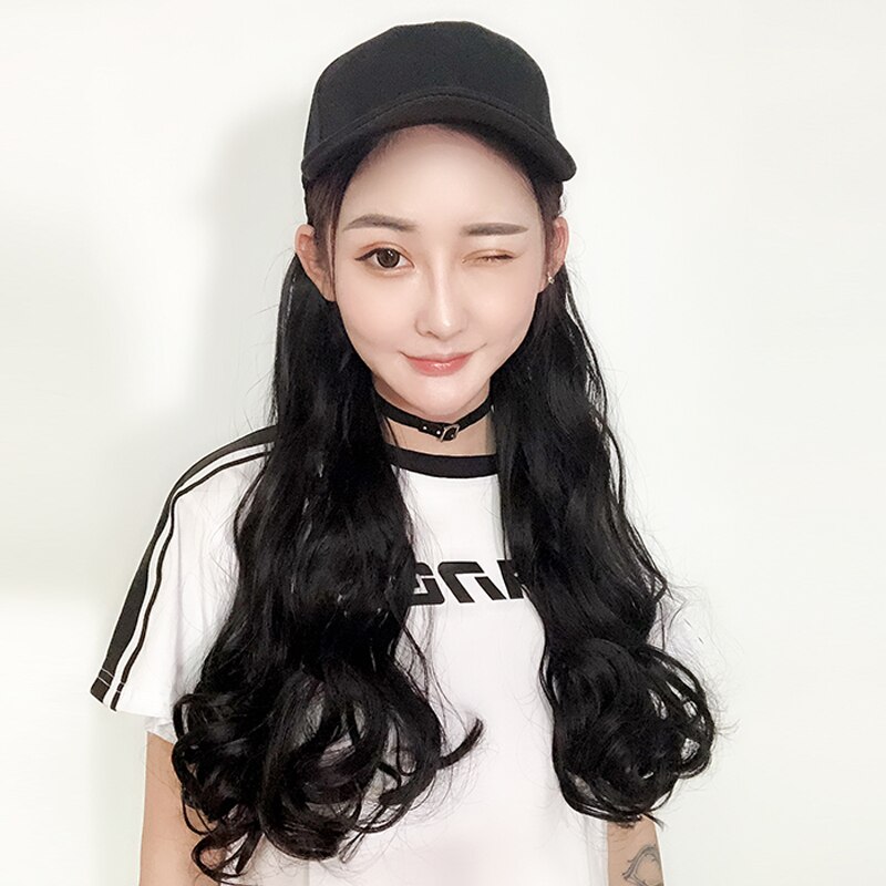 Nueva gorra de con extensión de cabello sintético, sombrero de Peluca de pelo largo para mujer, pelucas para mujer, color negro y marrón