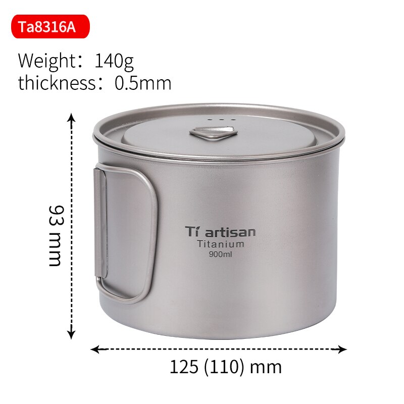 Tiartisan 900ml ren titanium pot udendørs camping ultralette titanium skål med låg større kapacitet picnic køkkengrej: En stk