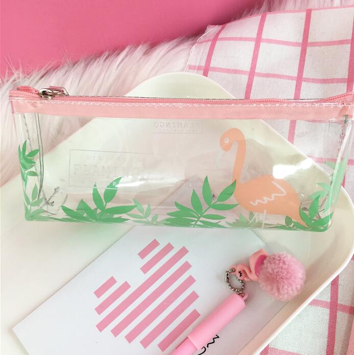 Cartoon Transparante Dier Etui Leuke Fruit Potlood Bag Storage Pouch Kantoor Schoolbenodigdheden Zakka: Flamingo leaf
