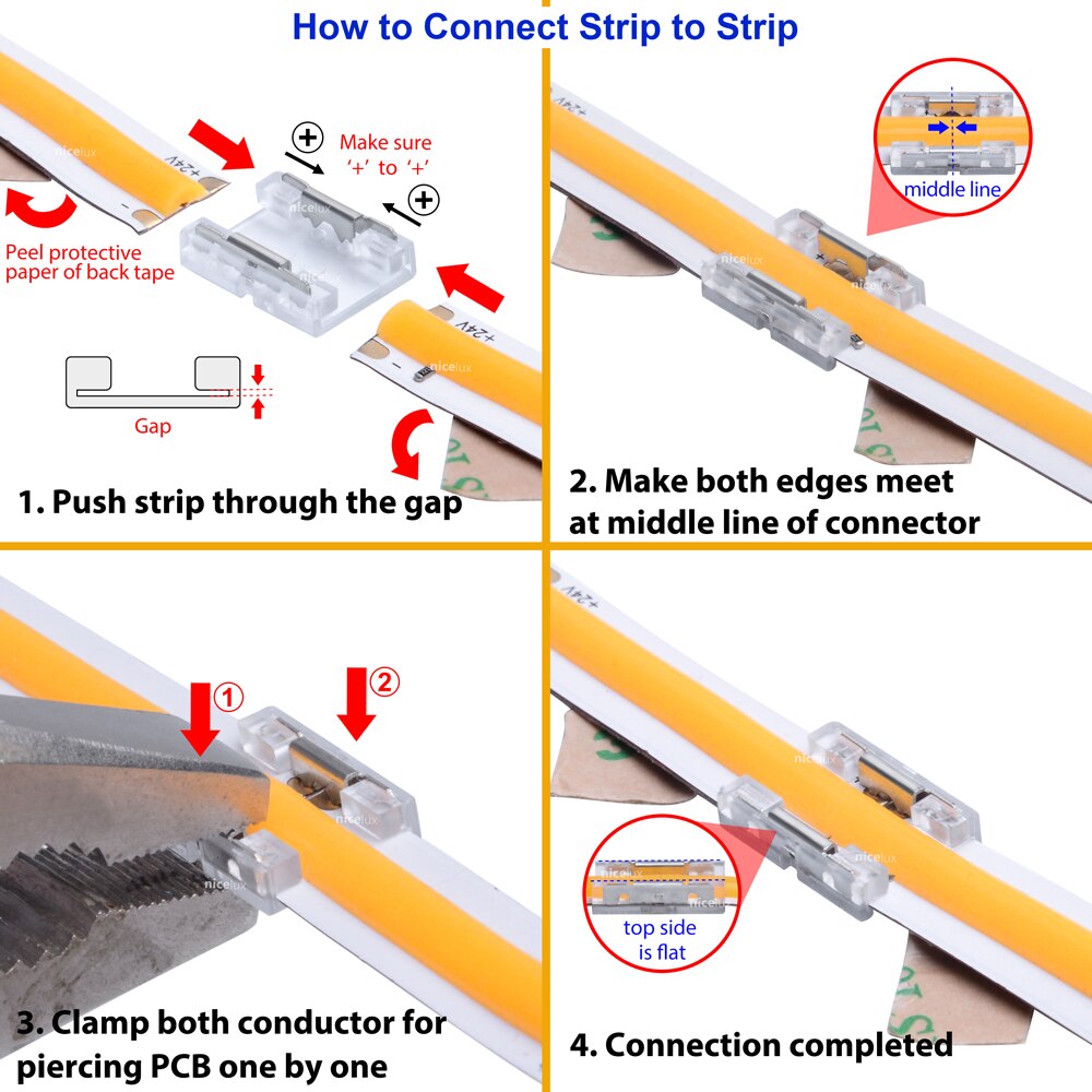 COB LED Strip Connector for IP20 High Density FOB SMD 8mm 10mm 2pin Single Color SMD 144 240 300 LEDs/m Tape Light Connectors