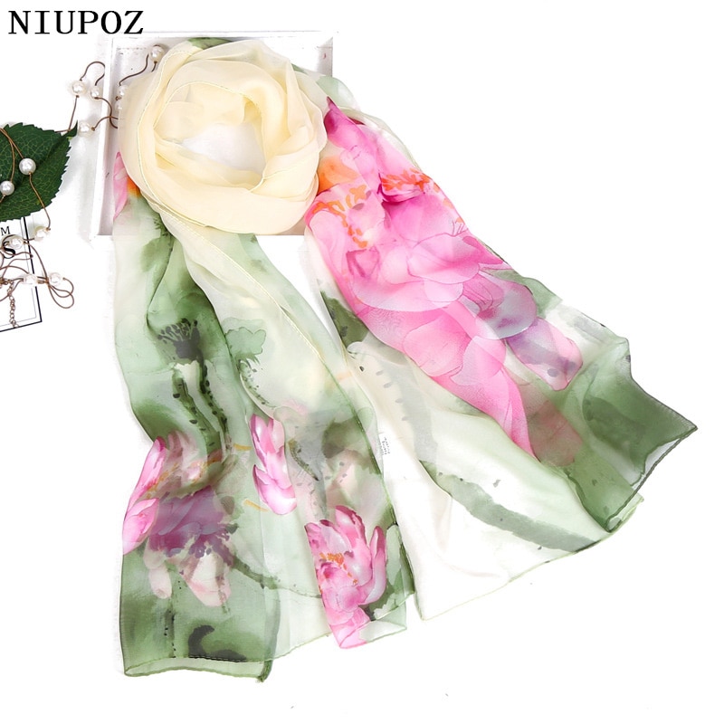 Dames foulard chiffon georgette bandana sjaal inkt lotusbloem print lange sjaal zomer wikkel dame dun ademend