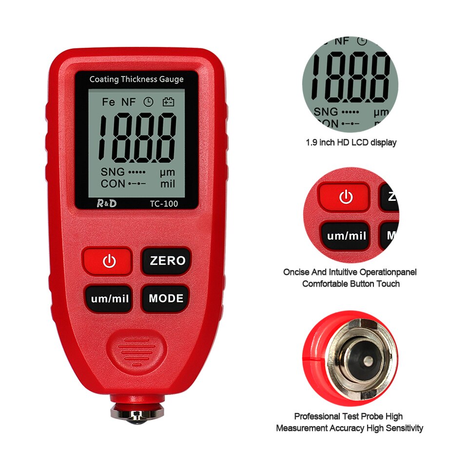R & D TC100 jauge d'épaisseur de revêtement blanc 0.1um/0-1300 testeur d'épaisseur de Film de peinture de voiture mesure FE/NFE outil de peinture manuel russe