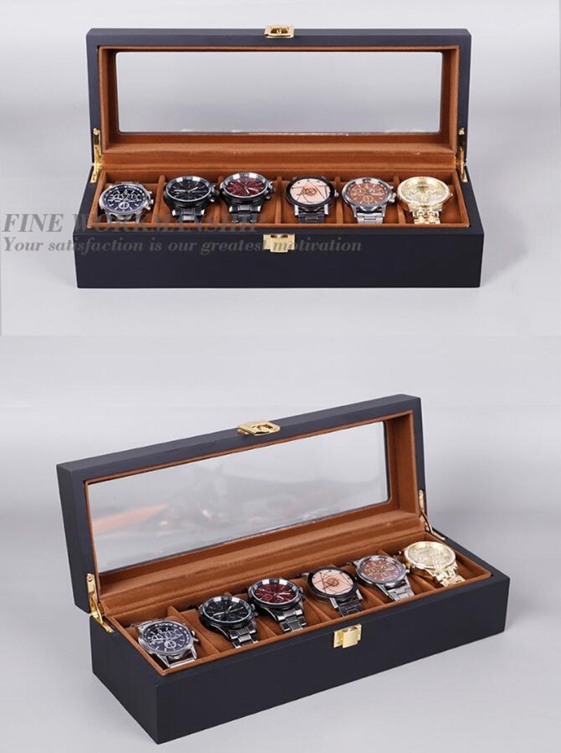 6 Grids Watch Box Black Matte Spray Paint Watch Case Storage Box Organizer for Men Quartz Watch Women Jewelry Boxes Display