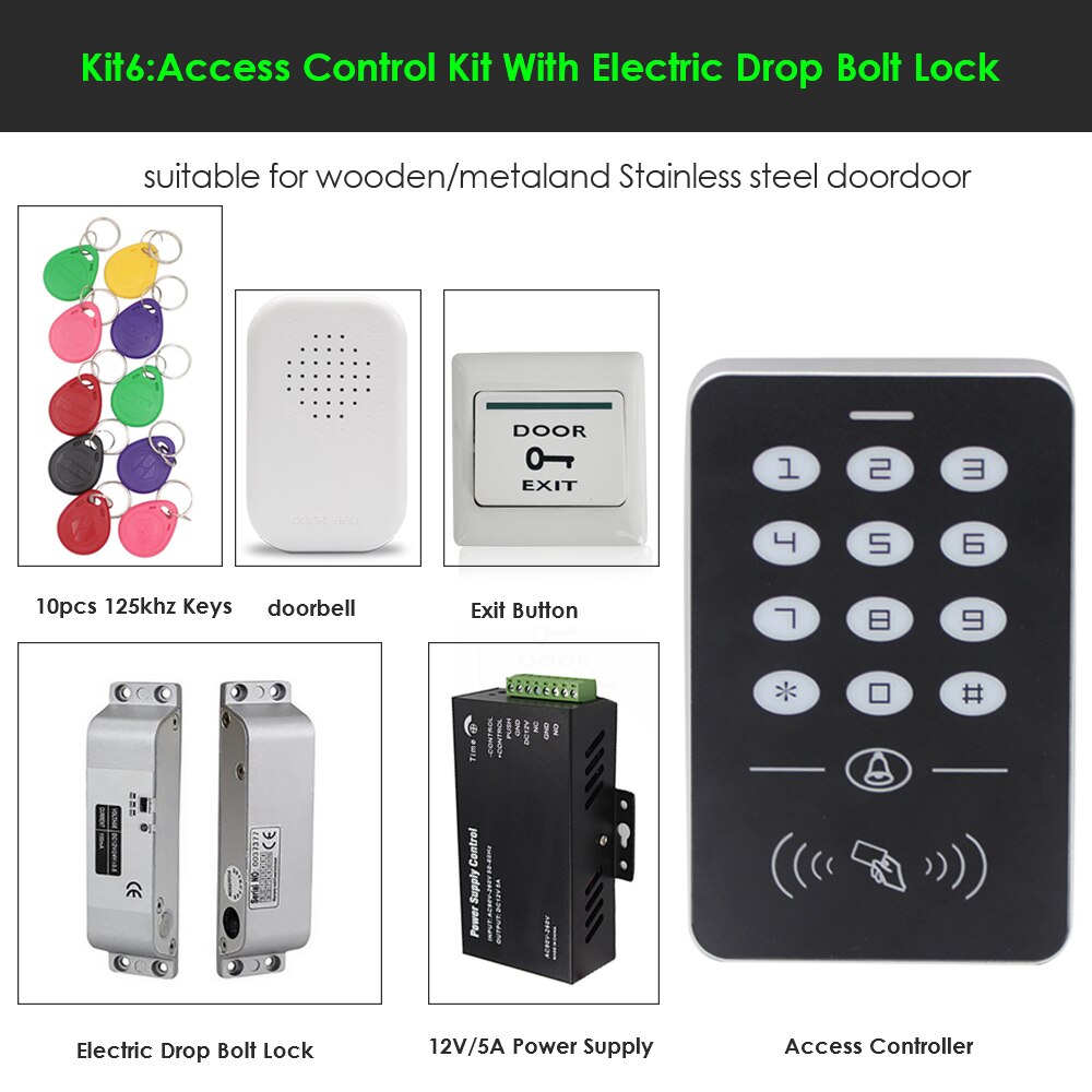 RFID keyboard keys Smart Door Access Control System With 180KG door lock electronic Power Supply Door Access Control System Kit: Kit 6