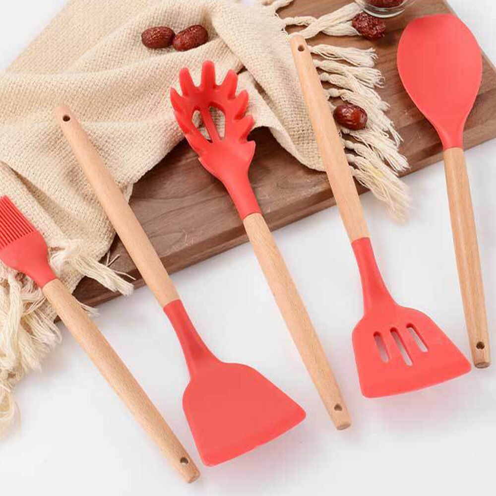 Køkkenredskaber sæt 11 stk silikone redskaber køkkenudstyr til non-stick pot silikagel køkkenredskaber træhåndtag køkkenudstyr