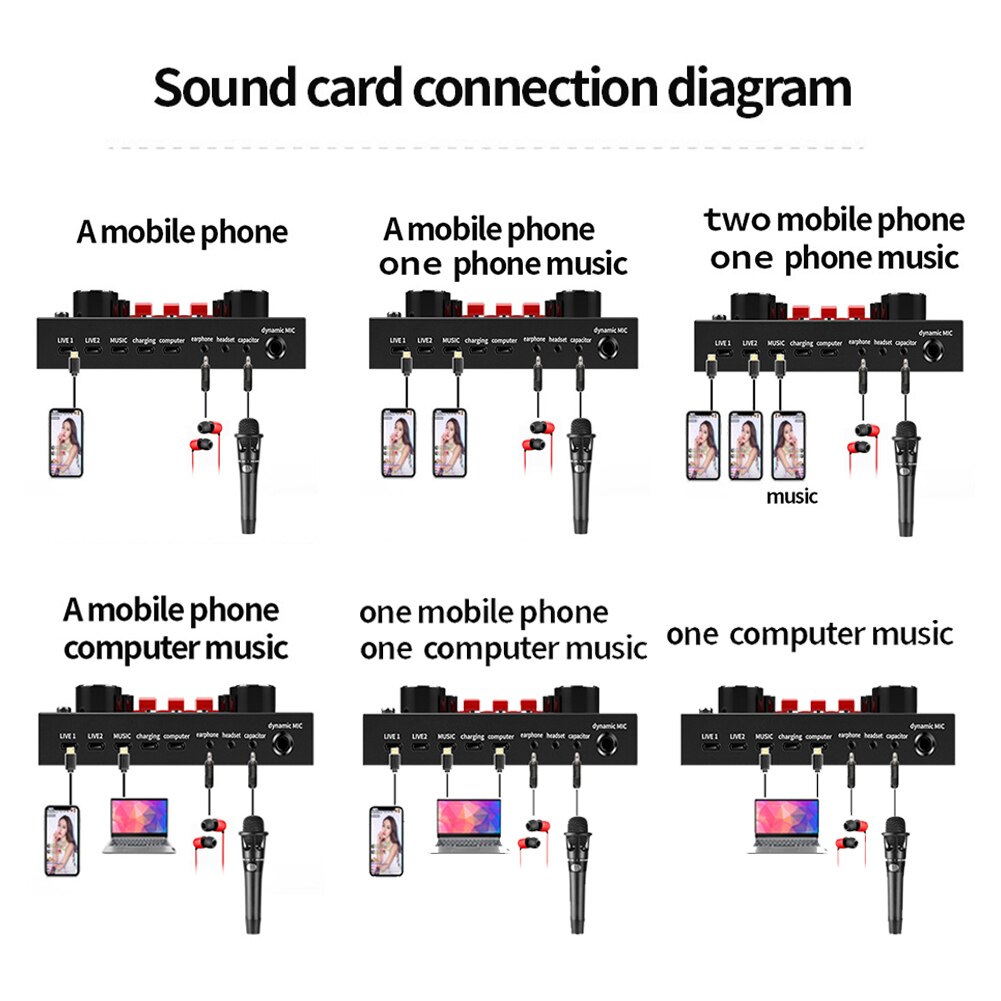 V8s portable live broadcast dsp stereo mixer music recording sound card microphone usb rechargeable 3.5mm interface