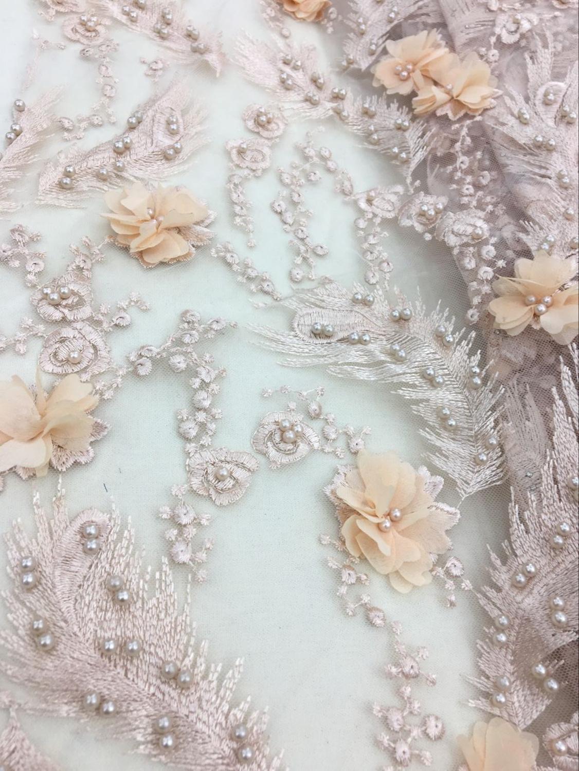 Tecido de renda 3d flor com pérola, artesanal, tecido de renda para vestido de noiva e noite, recém-nascidos, frisados, tecido de renda