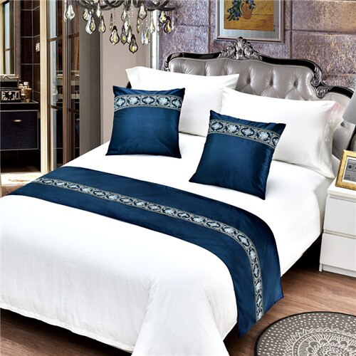 Rayuan Suede Borduurwerk Spreien Bed Runner Gooi Beddengoed Koningin King Bed Cover Handdoek Home Hotel Decoraties: Navy / 1pc Pillowcase