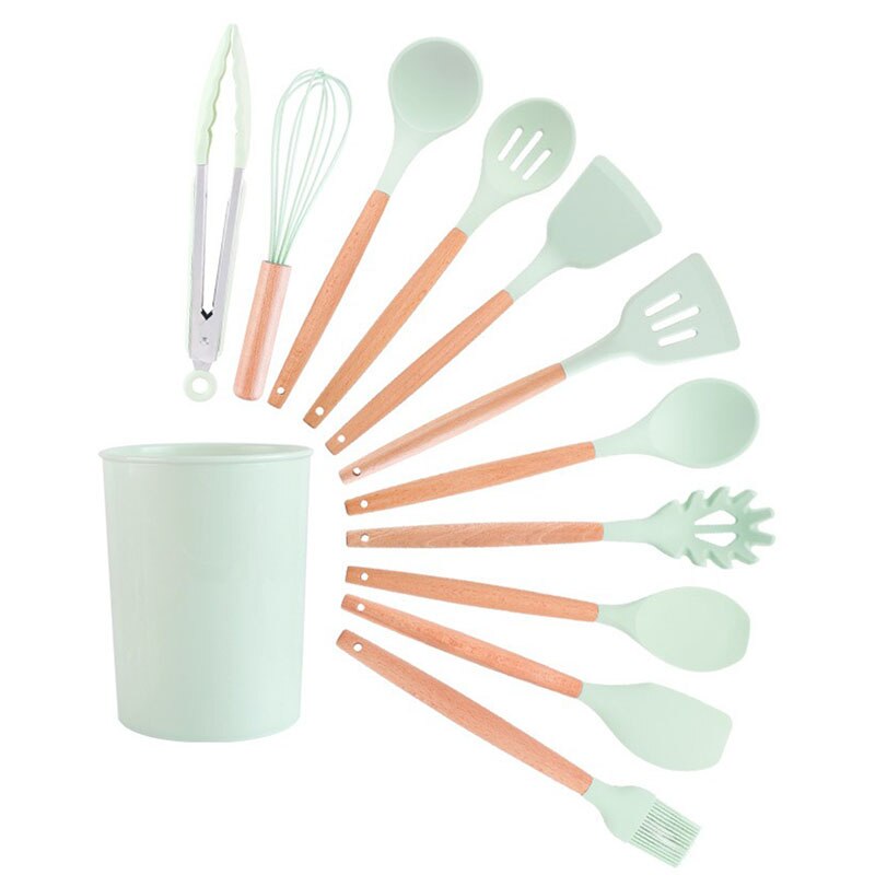 Green Silicone Utensils Kitchen Utensil Set with Multifunction Wooden Handle, Non-Stick Spatula, Ladle, Egg Shovel