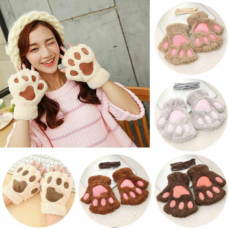 Neue Für Mädchen Frauen Bär Katze Klaue Pfote Handschuh Plüsch Handschuh Kostüm Warme Winter Halb Finger