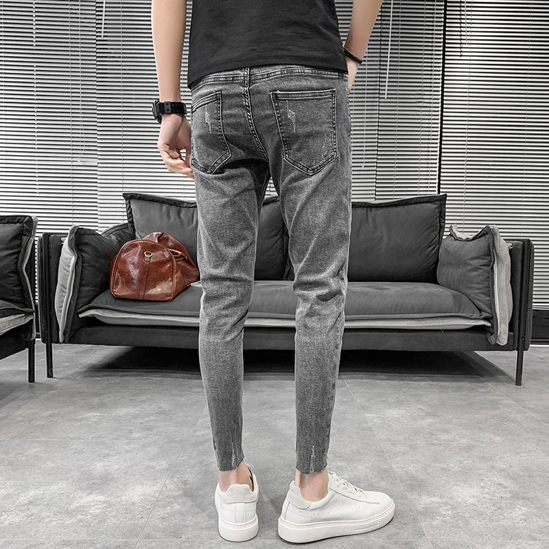 Sommer ripped jeans mænd slim fit tynde jeans til mænd koreanske simple streetwear hul herre jeans bukser 34