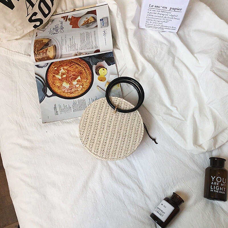 Sommer Handtasche Hand-woven Stroh Weibliche Runde Telefon tasche Tragbare Strand tasche Kette Schulter tasche