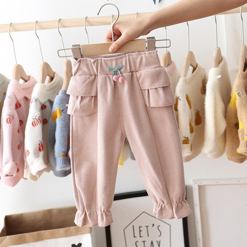 Lente herfst babymeisjes broek casual ruches kersen broek babymeisjeskleding lange prinsessenbroek kinderen: Roze / 24m