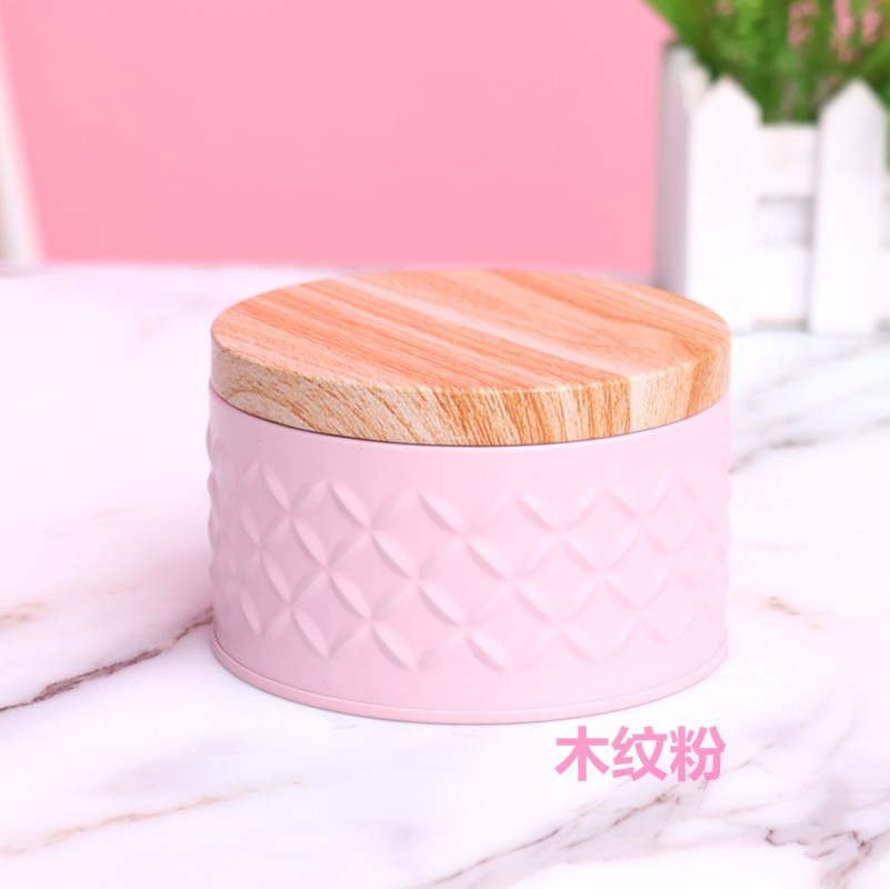 Round Empty Iron Box with Wood Grain Lid Metal Candy Storage Box Diy Candle Making Jar Coffee Tea Can Christmas Biscuit Package: blue