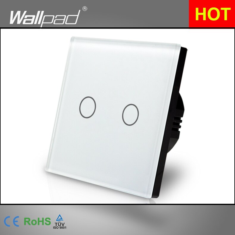 Wallpad EU UK 110V-220V 2 Gangs 2 Way 3 Way Position White Glass Panel Touch Button Wall Lights Switch Power Supply: White