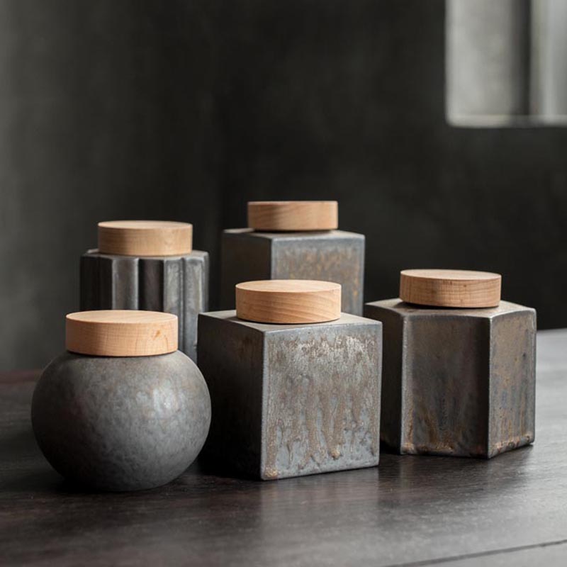 Tea Caddies Tea Storage Jar Ceramic Geometric Seal Caddy with Wood Cover Container Tea Ceremony Teaware Accessories
