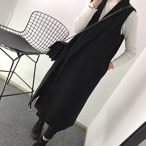 Herfst winter koreaanse wollen pak vest slank casual split lange mouwloze jas gilet grote maten dameskleding  f1514: Zwart / 5xl